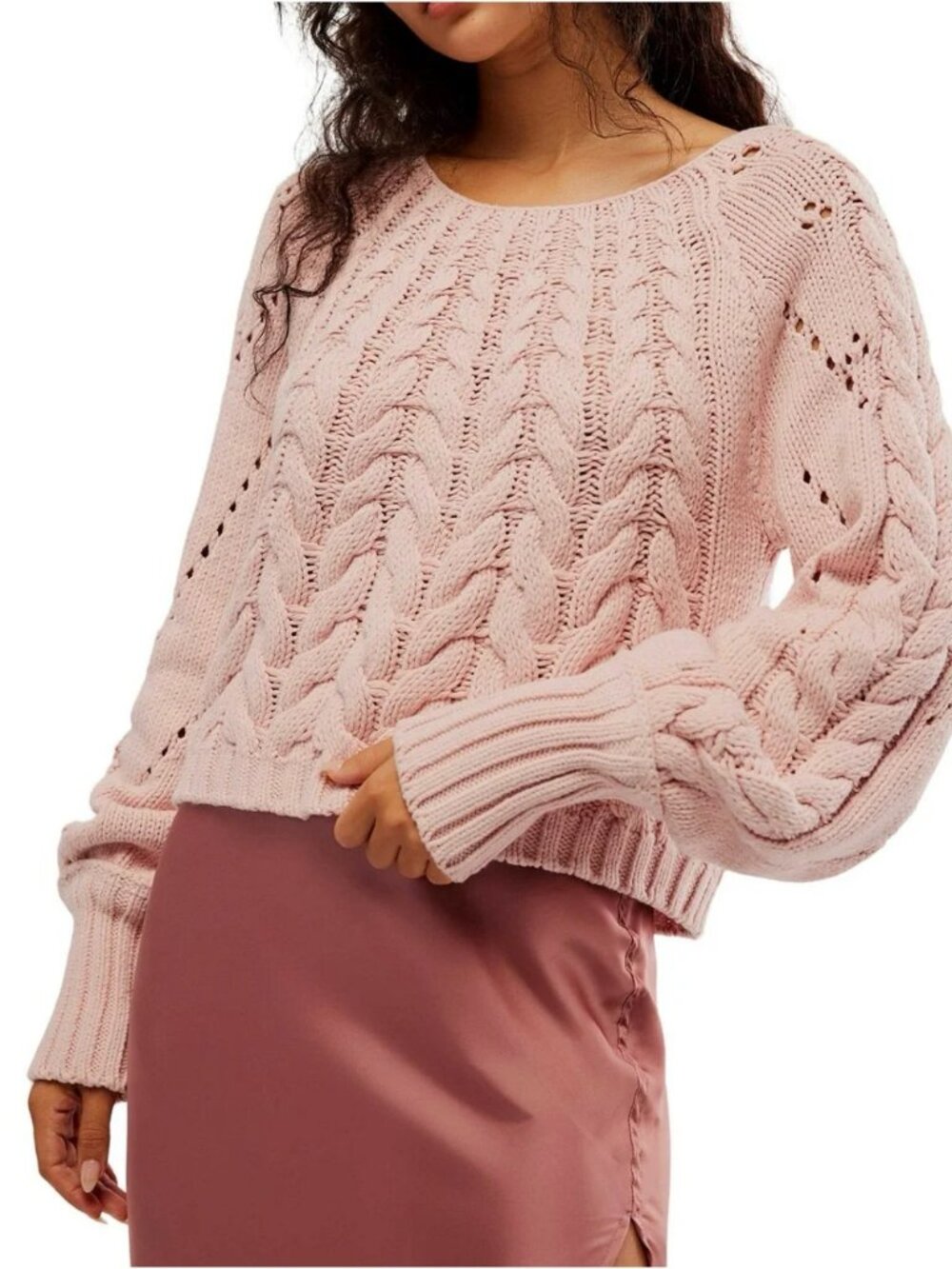 Free People Sandre Pink Cable Knit Sweater M - Picture 7 of 7